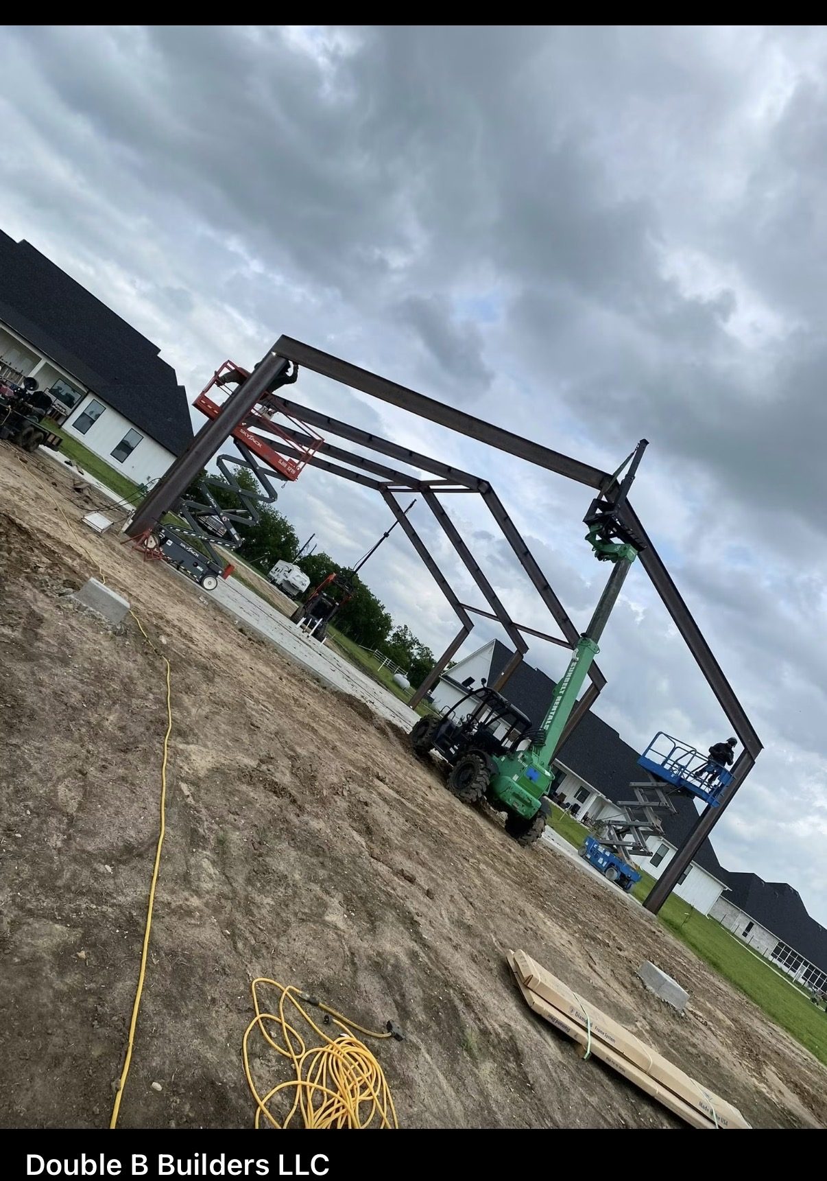 Steel building frame erection by Double B Builders
